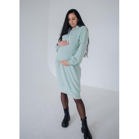 Утепленное платье для беременных с капюшоном и секретом для кормления Оливковый